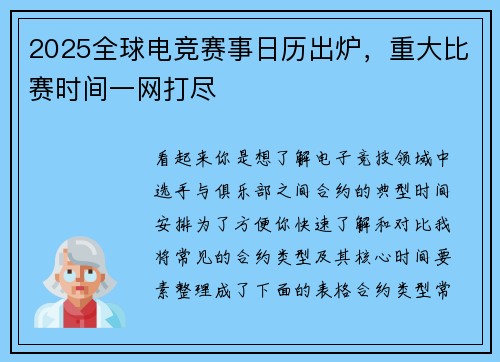 2025全球电竞赛事日历出炉，重大比赛时间一网打尽